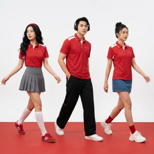 Áo Polo Đồng Phục Phối Vai Sporty Màu Đỏ
