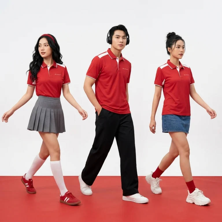 Áo Polo Đồng Phục Phối Vai Sporty Màu Đỏ