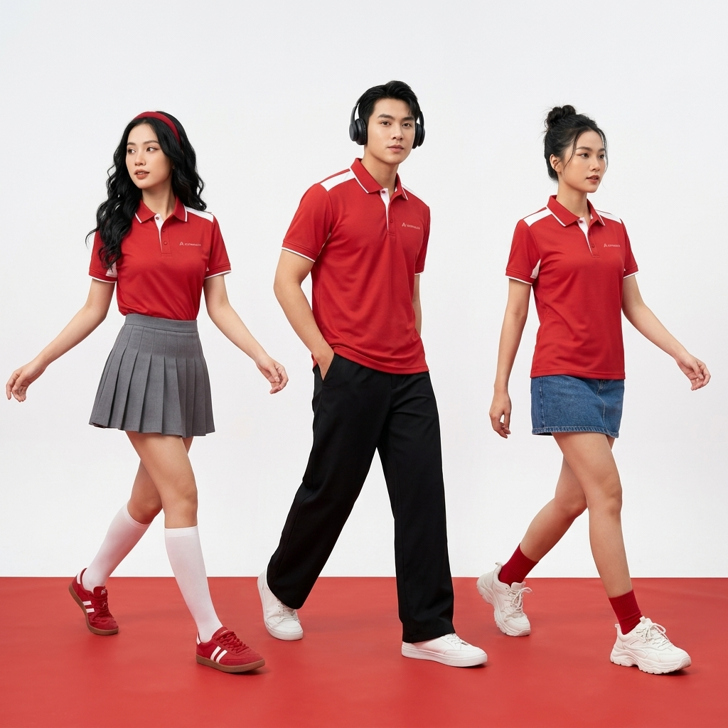 Áo polo đồng phục công ty đỏ phối vai trắng - ảnh sản phẩm chính