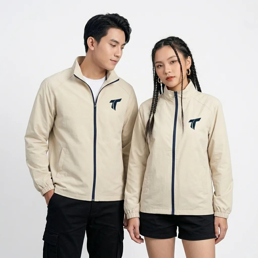 Áo Khoác Thể Thao Cổ Trụ Thanh Lịch Màu Kem Beige