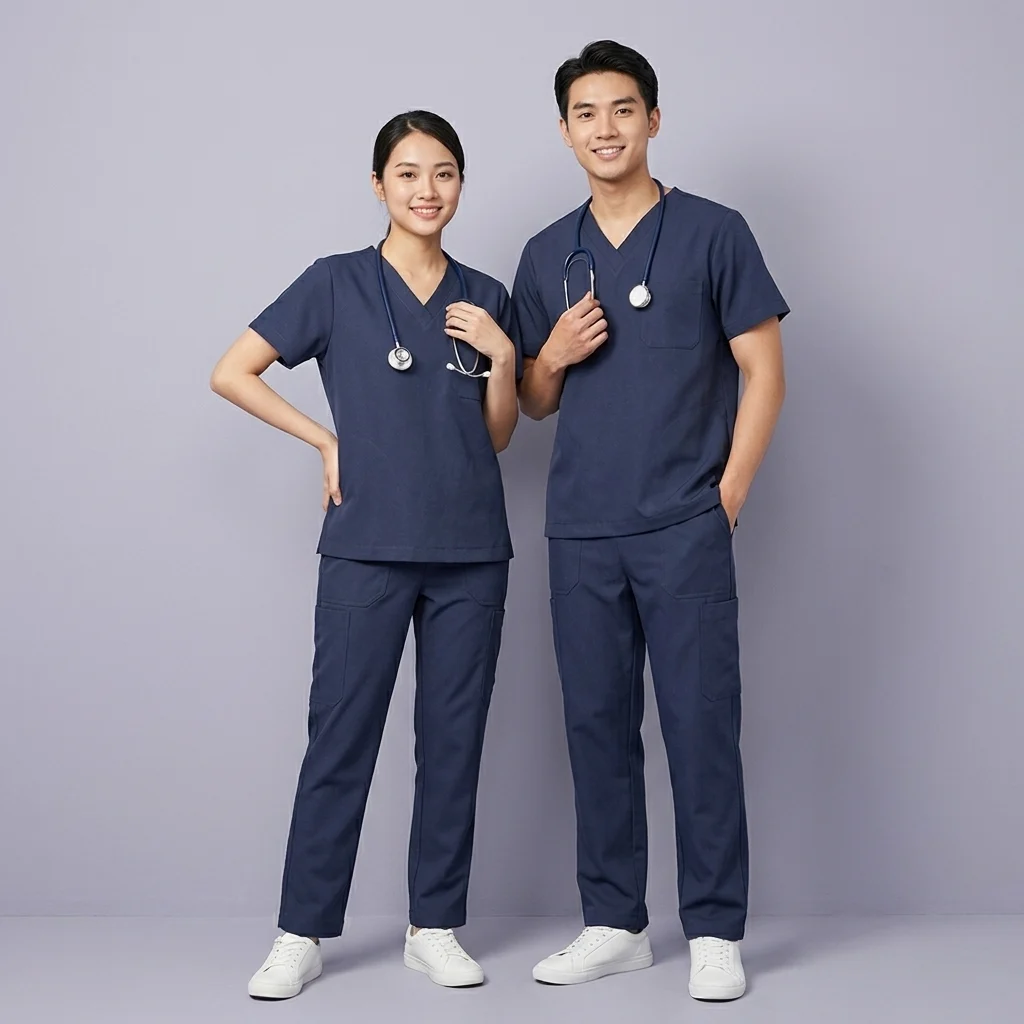 Bộ Đồng Phục Scrub Y Tế Cổ Tim Màu Xanh Navy