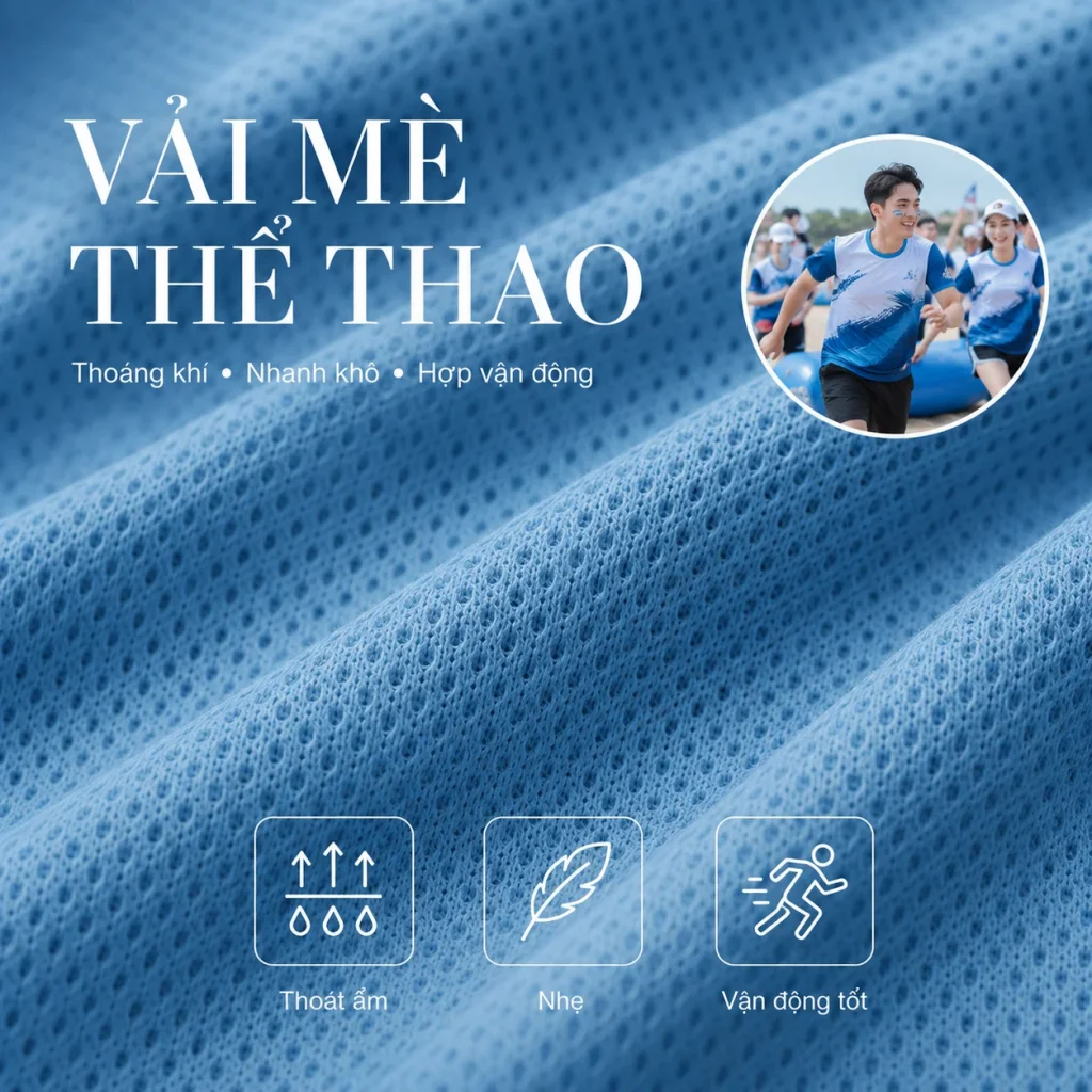 Vải mè thể thao là chất liệu thoáng khí, nhanh khô, nhẹ và phù hợp may áo team building vận động nhiều, hội thao công ty hoặc sự kiện ngoài trời.