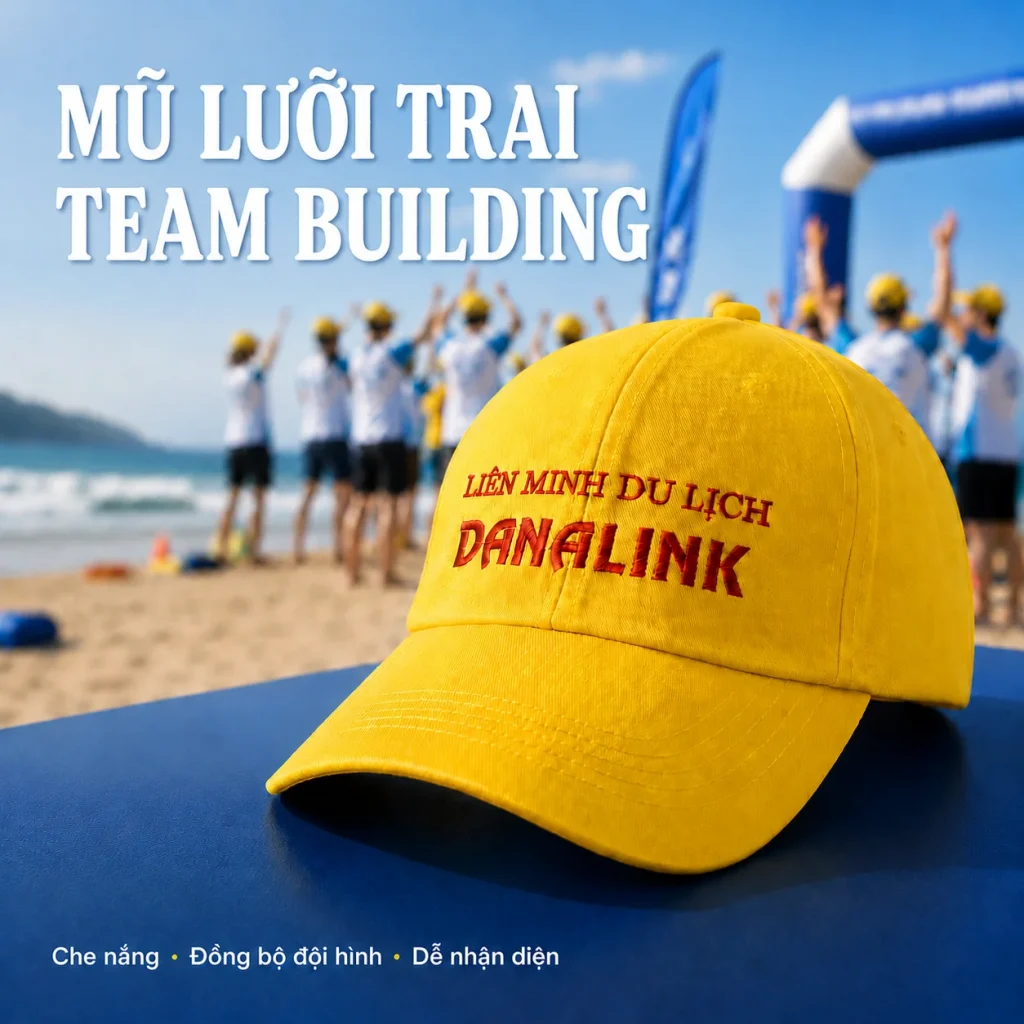 Mũ lưỡi trai team building màu vàng thêu logo giúp che nắng và đồng bộ đội hình