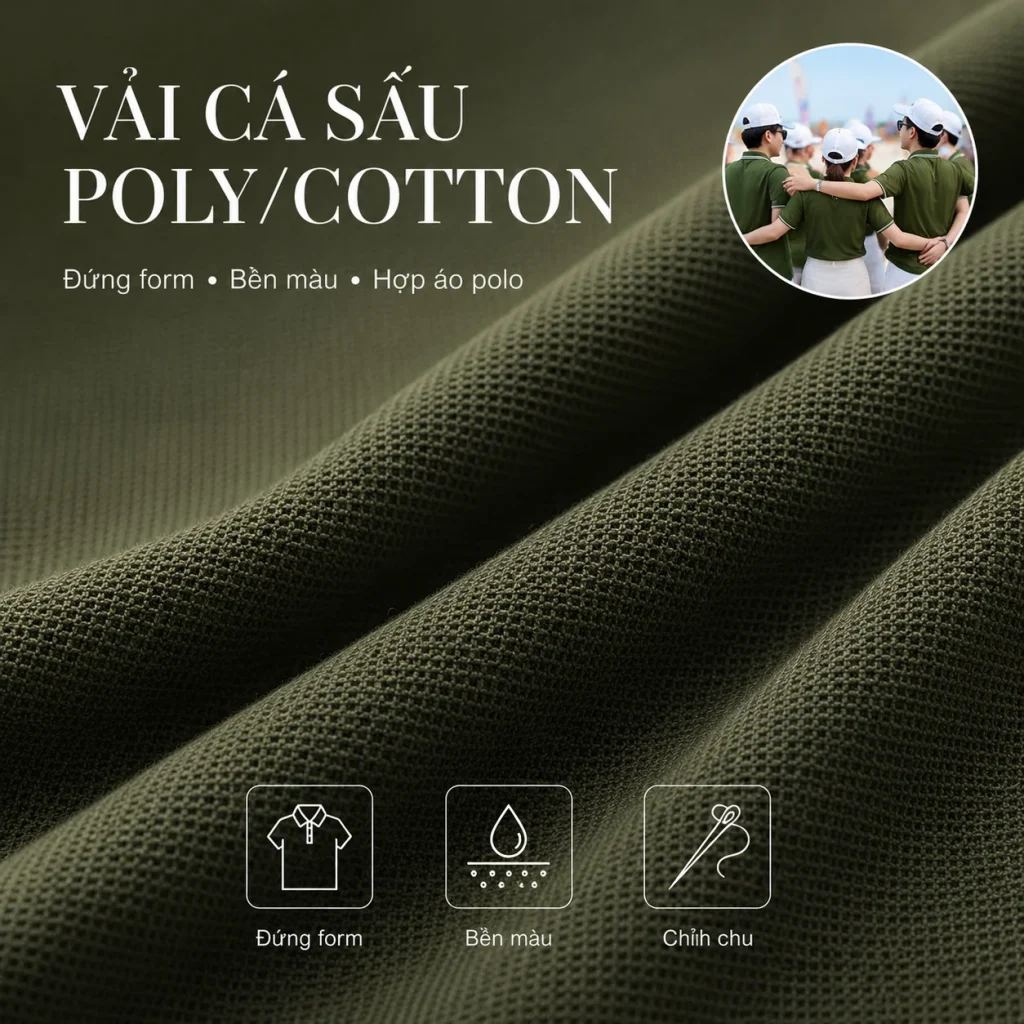 Vải cá sấu poly/cotton phù hợp may áo polo team building, giúp áo đứng form, bền màu, chỉn chu và có thể sử dụng lại sau chương trình.