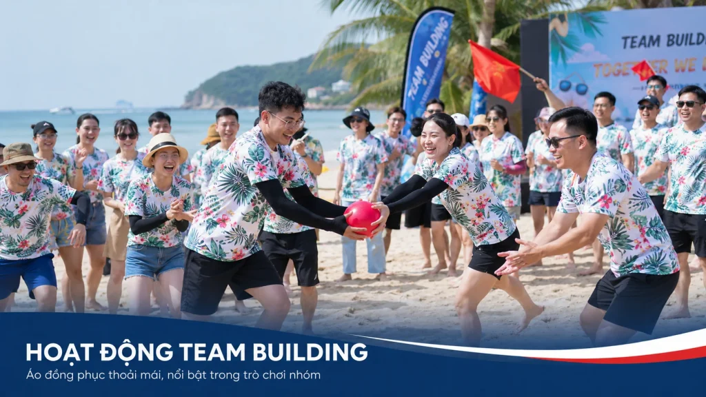 Ảnh hoạt động team building trên bãi biển với đồng phục áo hoa nổi bật, thể hiện sự thoải mái, năng động và phù hợp cho trò chơi nhóm ngoài trời.