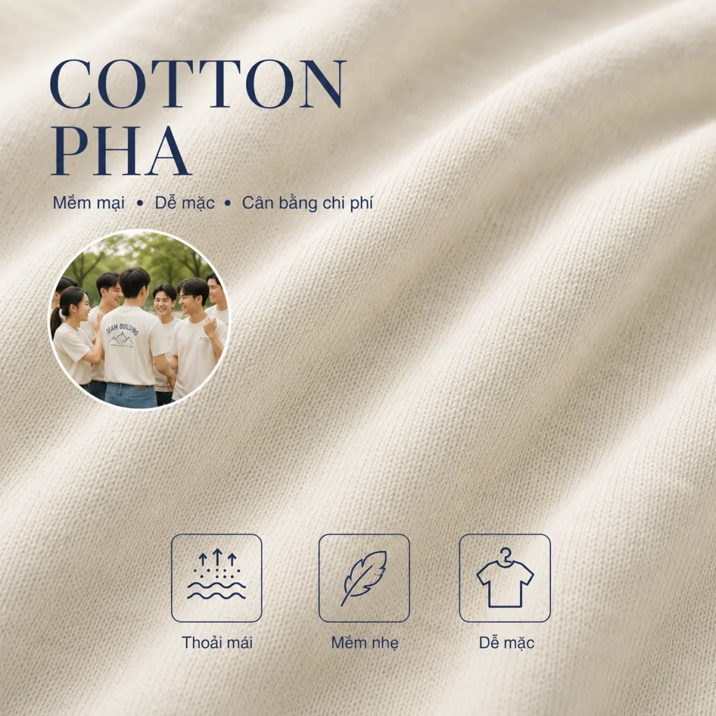 Cotton pha là chất liệu mềm, dễ mặc, phù hợp may áo thun team building, áo nhóm du lịch công ty và đồng phục sự kiện cần cân bằng giữa chi phí và sự thoải mái.