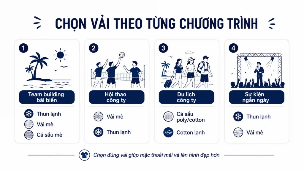 Infographic chọn vải may đồng phục team building theo từng chương trình như bãi biển, hội thao công ty, du lịch công ty và sự kiện ngắn ngày.