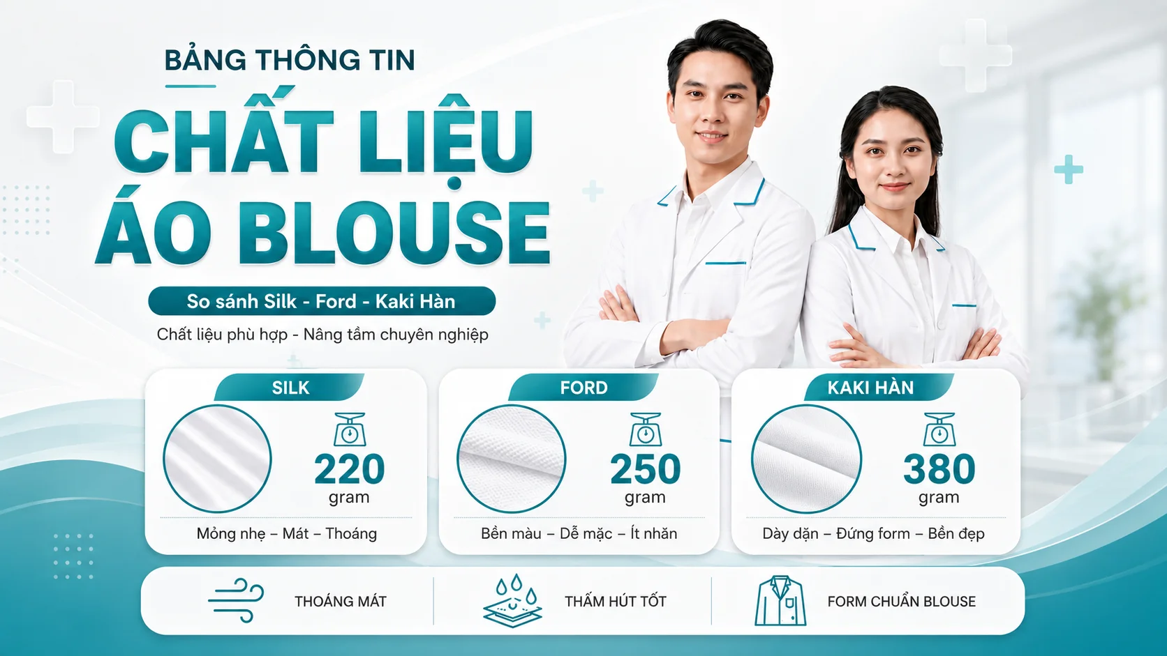 Bảng so sánh chất liệu vải may áo blouse bác sĩ Silk Ford và Kaki Hàn