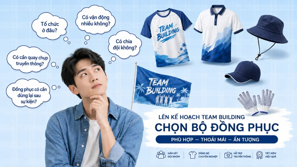 Gợi ý chọn bộ đồng phục team building gồm áo thun, áo polo, mũ, cờ và găng tay cho doanh nghiệp tại Đà Nẵng