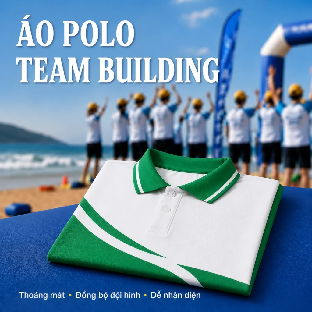 Áo polo team building phối màu xanh trắng lịch sự cho doanh nghiệp và sự kiện công ty