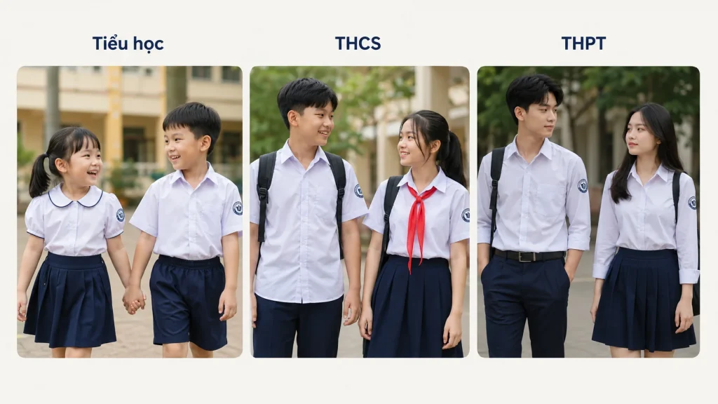 Ảnh minh họa so sánh đồng phục học sinh tiểu học, THCS và THPT theo từng cấp học, giúp trường và phụ huynh chọn mẫu phù hợp với độ tuổi.