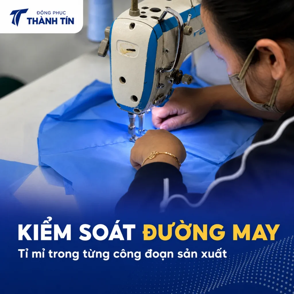Nhân viên hoàn thiện thành phẩm đồng phục tại xưởng Thành Tín Đà Nẵng