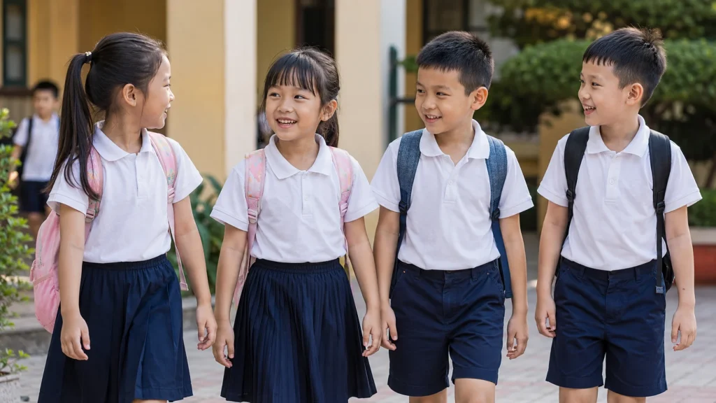 Ảnh học sinh tiểu học mặc đồng phục áo polo trắng, quần short và váy xanh navy, thể hiện sự thoải mái, dễ vận động và phù hợp độ tuổi nhỏ.