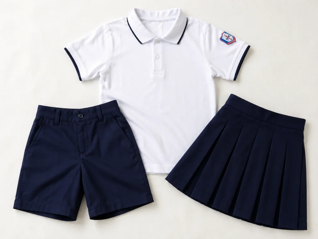 Ảnh cận bộ đồng phục tiểu học gồm áo polo trắng, quần short và chân váy xanh navy, phù hợp minh họa form dáng, chất liệu và độ bền.
