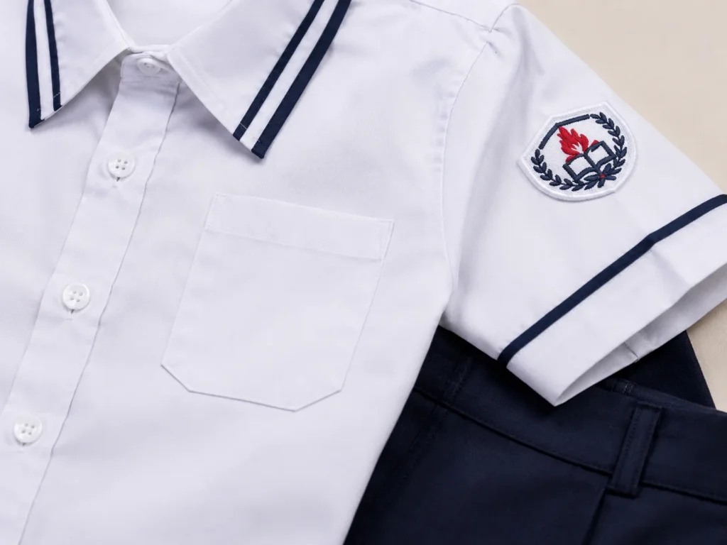 Ảnh cận chi tiết áo đồng phục học sinh với logo thêu ở bắp tay trái, cổ áo, viền tay và đường may chắc chắn, phù hợp minh họa chất lượng may.
