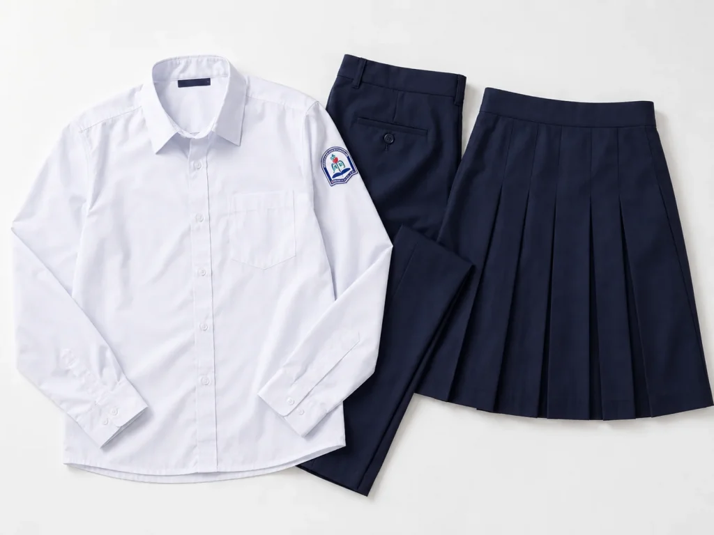 Ảnh bộ đồng phục THPT gồm áo sơ mi trắng dài tay, quần tây và chân váy xanh navy, logo đặt ở bắp tay trái, phù hợp phong cách học đường nghiêm túc.