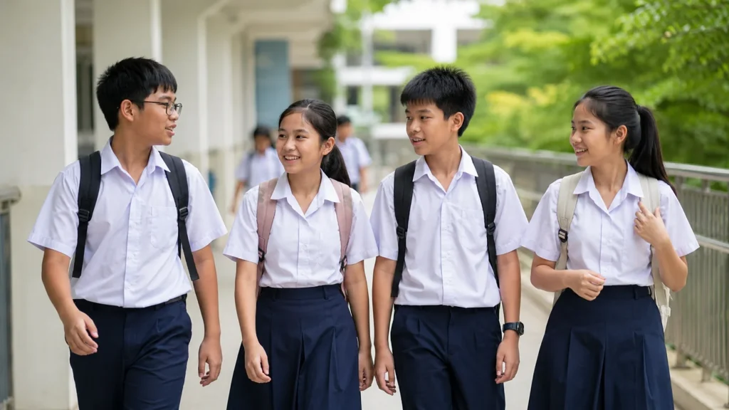 Ảnh học sinh THCS mặc áo sơ mi trắng, quần tây và chân váy xanh navy, thể hiện form dáng gọn gàng, dễ vận động và phù hợp lứa tuổi cấp 2.