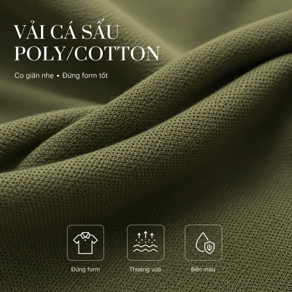 Vải cá sấu poly/cotton dùng may áo polo đồng phục mùa hè, co giãn nhẹ, đứng form tốt, thoáng vừa và bền màu khi sử dụng hằng ngày.