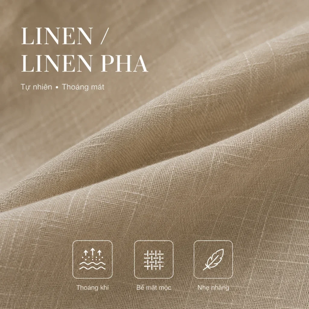 Linen và linen pha là chất liệu tự nhiên, thoáng mát, nhẹ nhàng, phù hợp may đồng phục resort, spa, cafe và nhà hàng mùa hè.