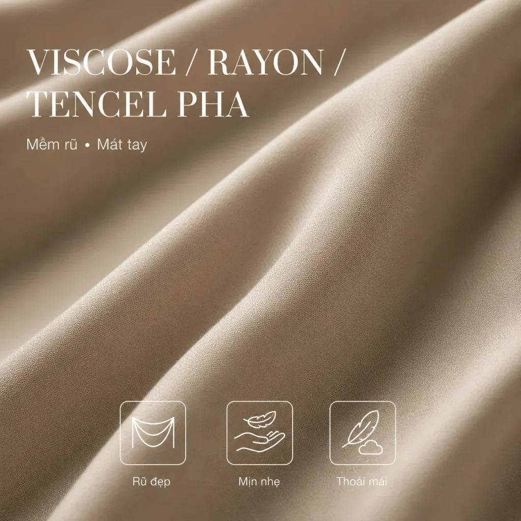 Viscose, rayon và tencel pha là nhóm vải mềm rũ, mát tay, phù hợp may đồng phục nữ, áo kiểu, sơ mi mềm và đồng phục dịch vụ.