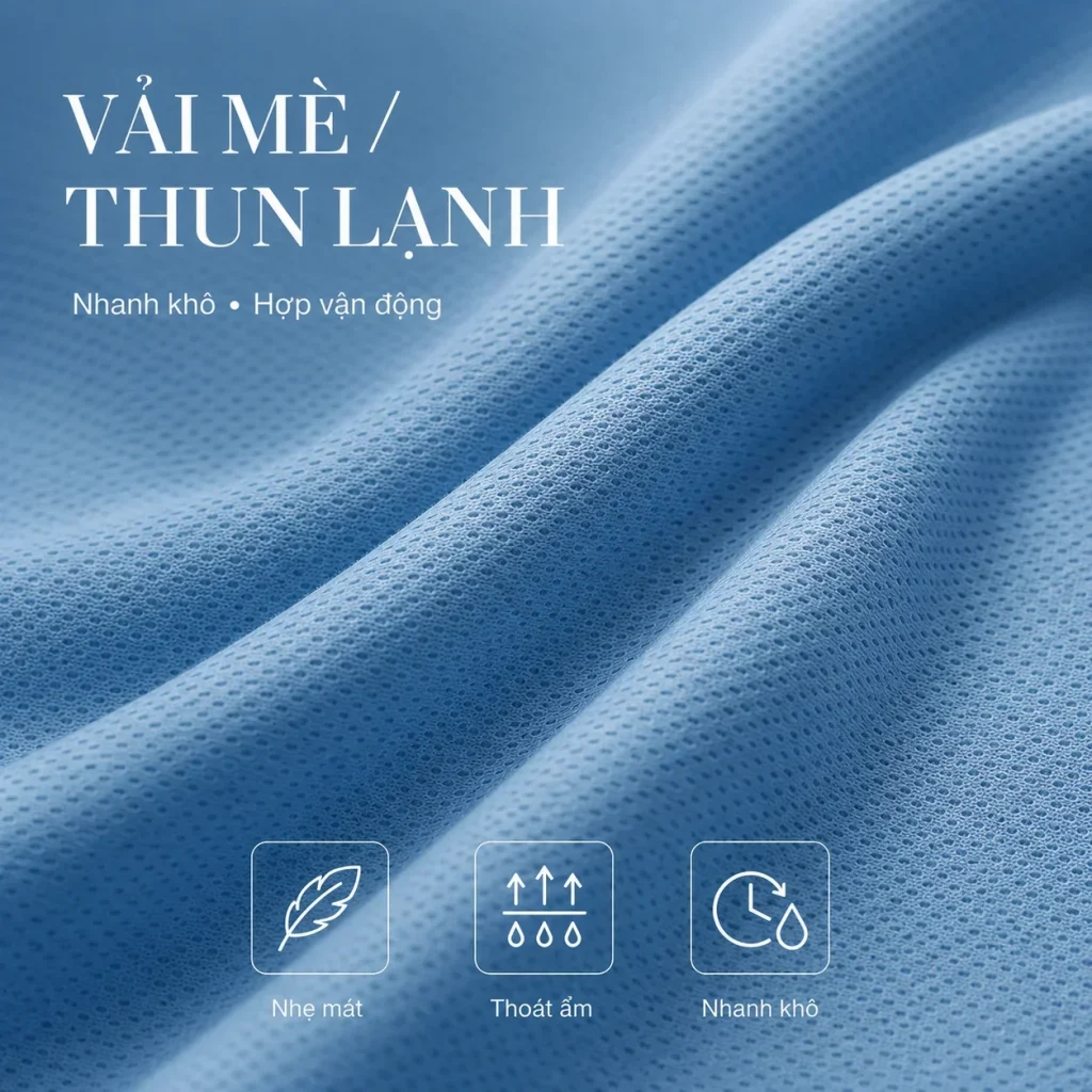 Vải mè và thun lạnh là chất liệu nhẹ mát, thoát ẩm, nhanh khô, phù hợp may áo team building, áo thể thao và sự kiện ngoài trời.
