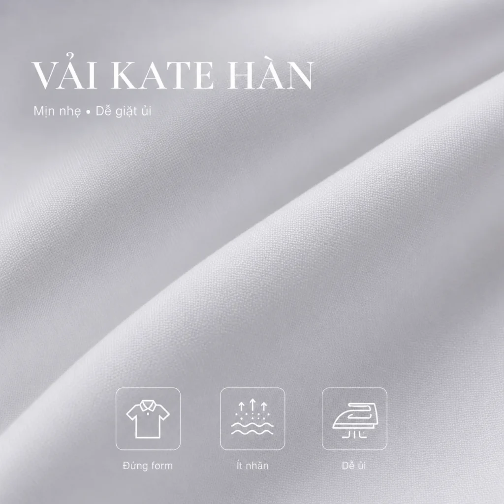 Vải kate Hàn dùng may áo sơ mi đồng phục mùa hè, bề mặt mịn nhẹ, đứng form, ít nhăn và dễ giặt ủi khi sử dụng hằng ngày.