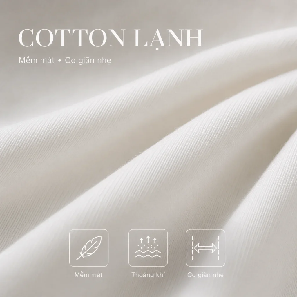 Cotton lạnh là chất vải mềm mát, co giãn nhẹ, phù hợp may áo thun đồng phục, áo polo nhân viên và đồng phục mùa hè mặc hằng ngày.