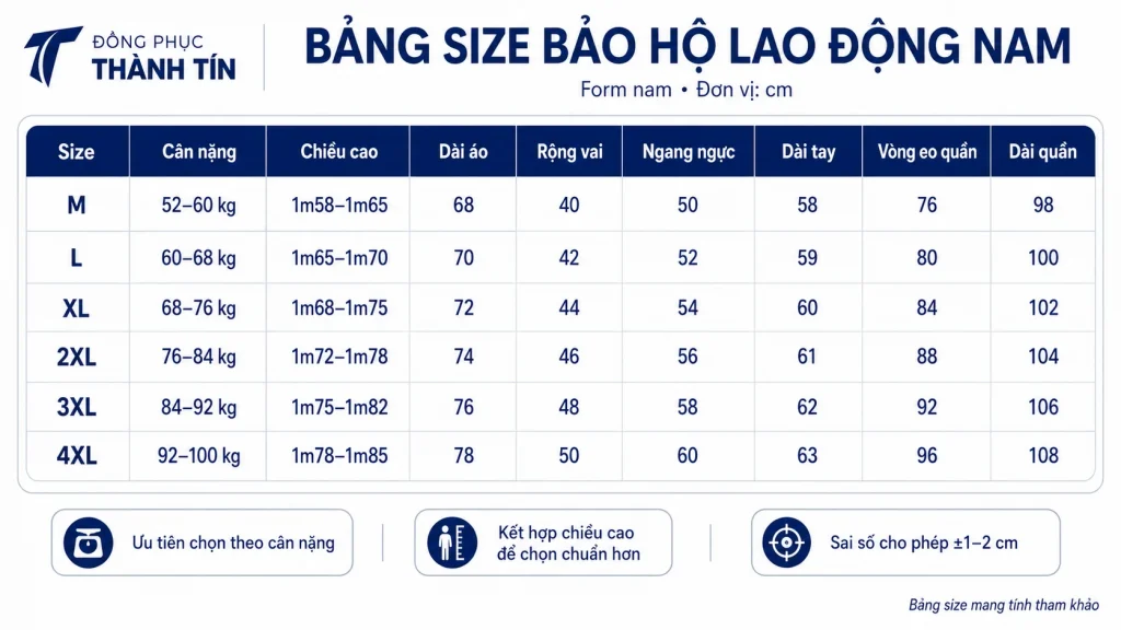 Bảng size bảo hộ lao động nam Đồng Phục Thành Tín