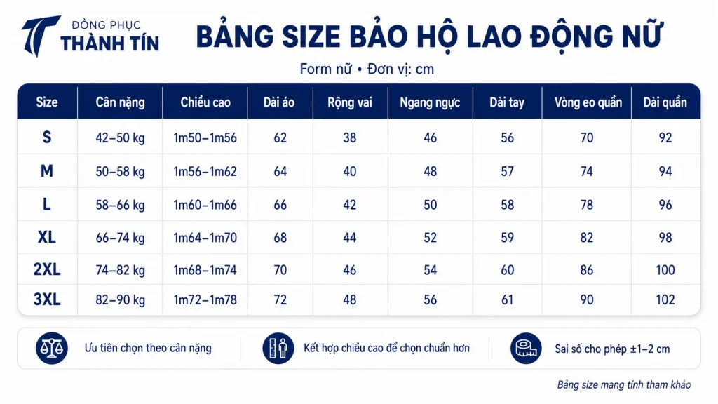 Bảng size bảo hộ lao động nữ Đồng Phục Thành Tín