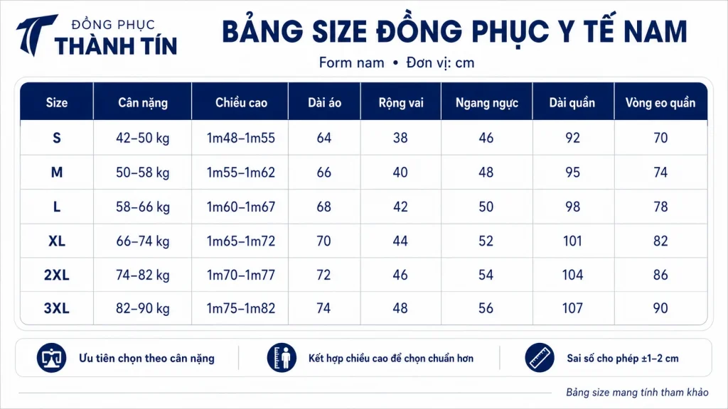 Bảng size đồng phục y tế nam Đồng Phục Thành Tín