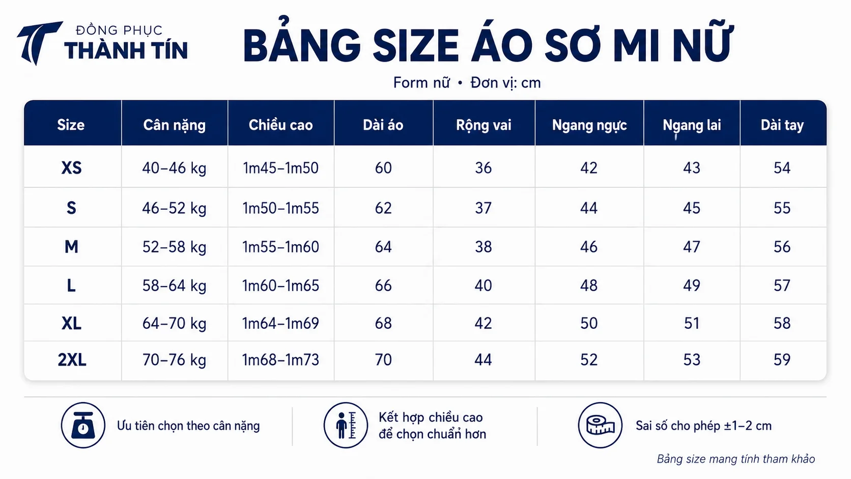 Bảng size áo sơ mi nữ Đồng Phục Thành Tín