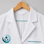 Áo blouse bác sĩ màu trắng cận cổ áo, logo và túi ngực B1