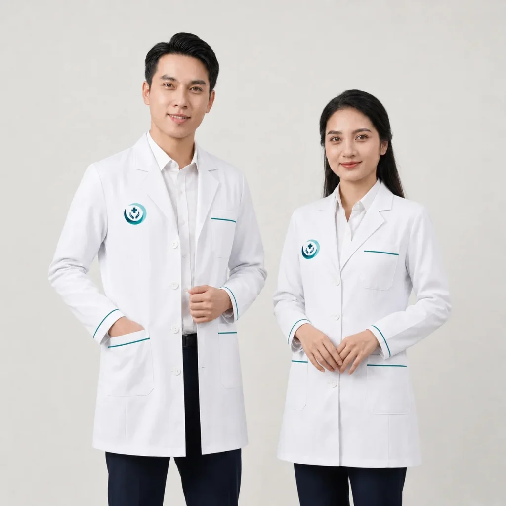 Áo blouse bác sĩ màu trắng người mẫu nam nữ mặc áo B1