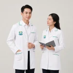 Áo blouse bác sĩ màu trắng người mẫu nam nữ mặc áo B4