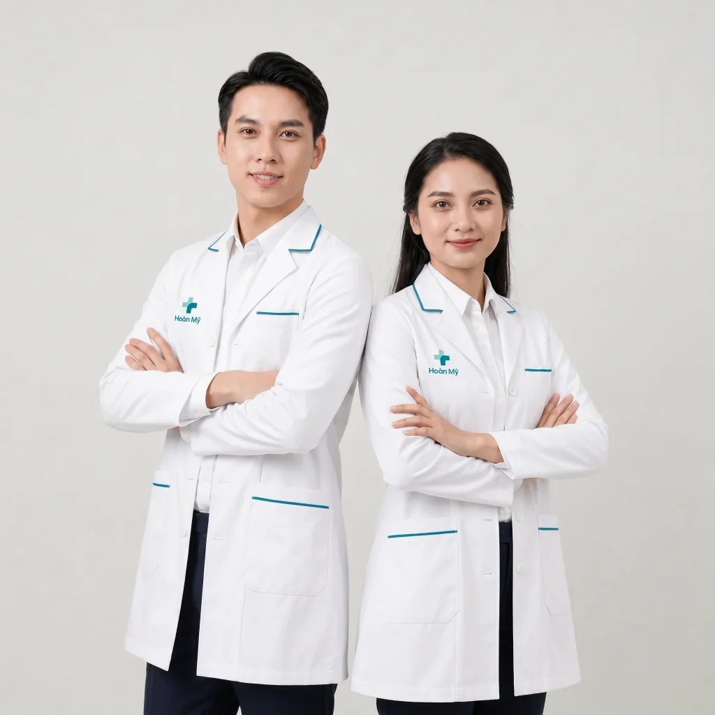 Áo blouse bác sĩ màu trắng người mẫu nam nữ mặc áo B5