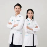 Áo blouse bác sĩ màu trắng người mẫu nam nữ mặc áo B5