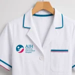 Áo điều dưỡng bệnh viện màu trắng cận cổ áo, logo và túi ngực Mẫu 02