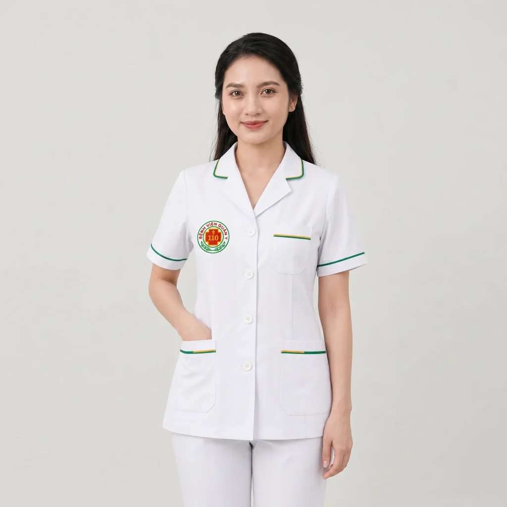 Áo điều dưỡng bệnh viện màu trắng người mẫu nữ mặc áo Mẫu 03