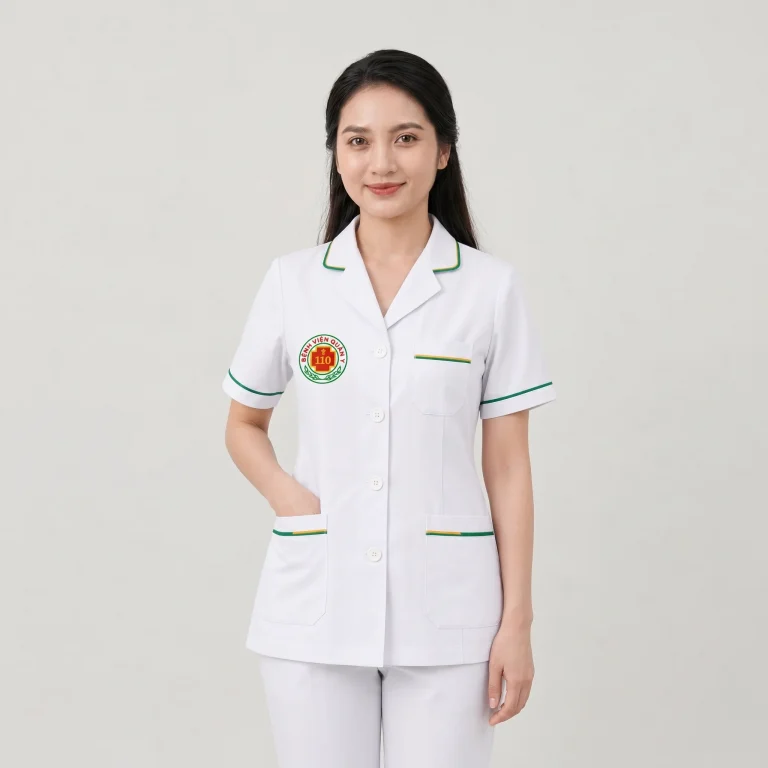 Áo Điều Dưỡng Bệnh Viện Màu Trắng Phối Line Xanh Vàng