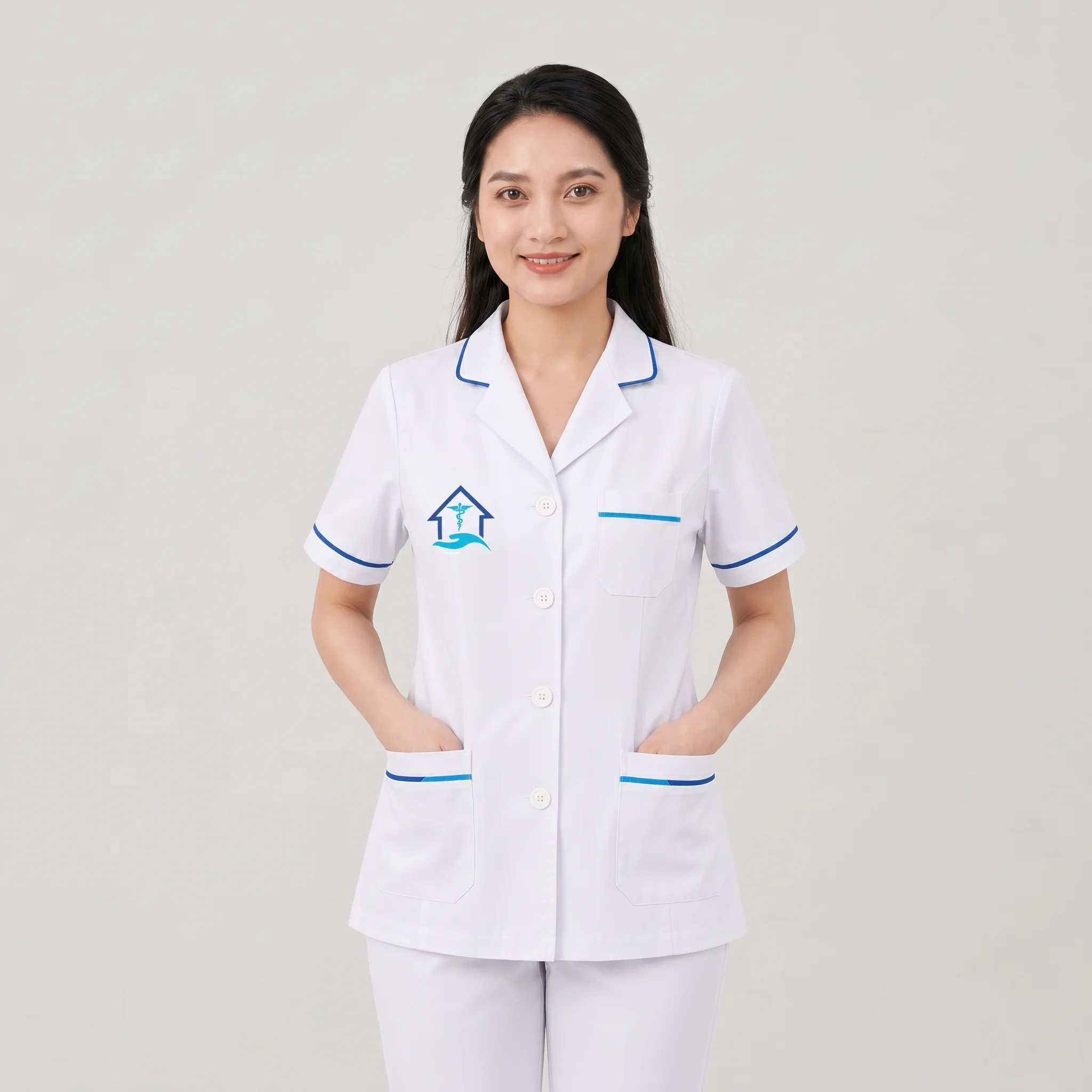 Áo điều dưỡng bệnh viện phối viền xanh dương