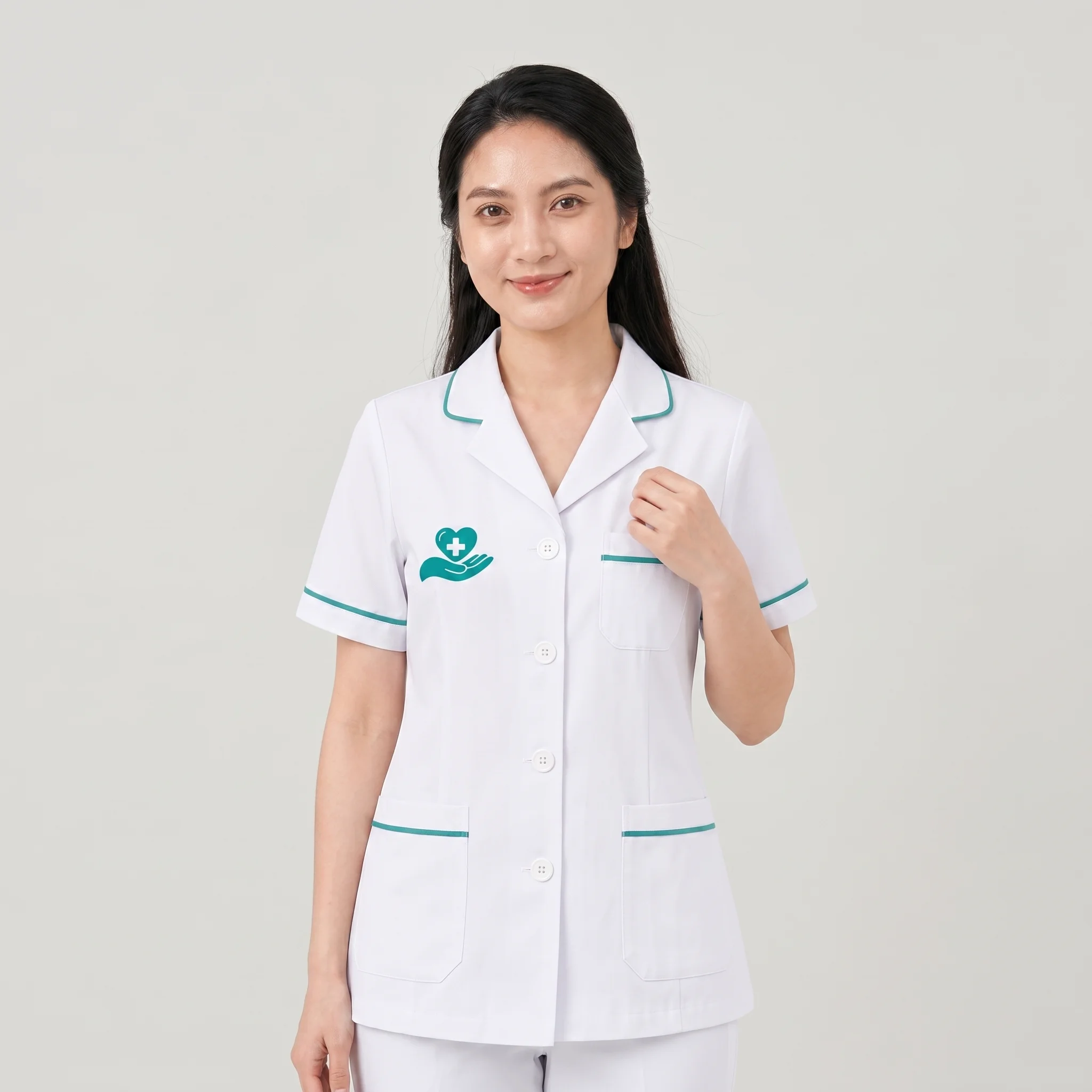Áo điều dưỡng bệnh viện màu trắng người mẫu nữ mặc áo Mẫu 05