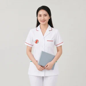 Áo Điều Dưỡng Bệnh Viện Màu Trắng Phối Viền Đỏ Xanh