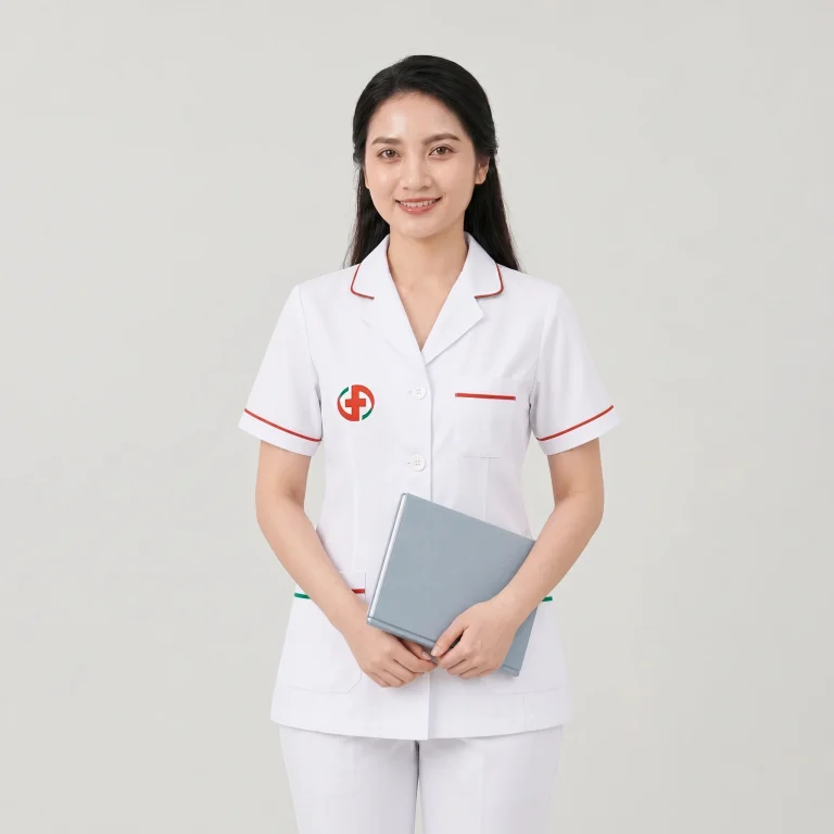 Áo Điều Dưỡng Bệnh Viện Màu Trắng Phối Viền Đỏ Xanh