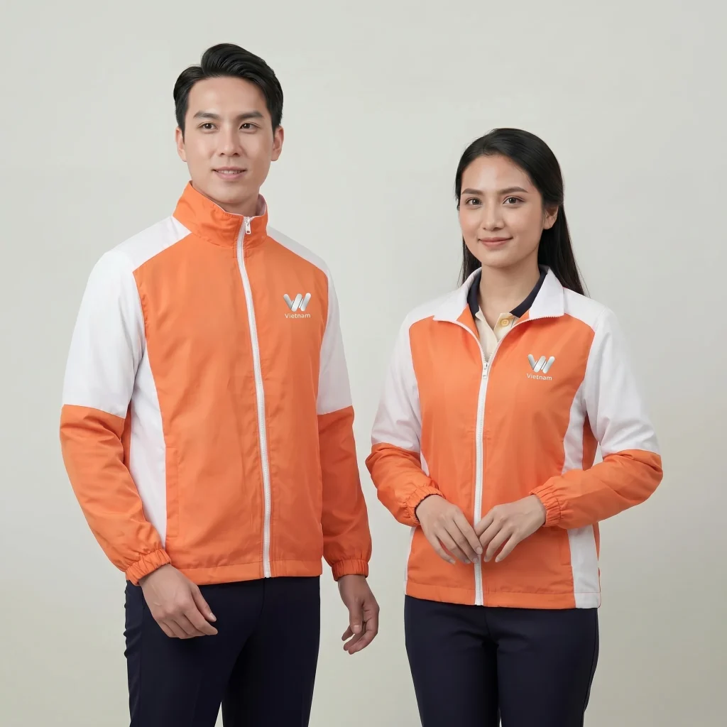 Áo khoác gió đồng phục cam phối trắng Thành Tín - ảnh người mẫu nam nữ mặc áo khoác
