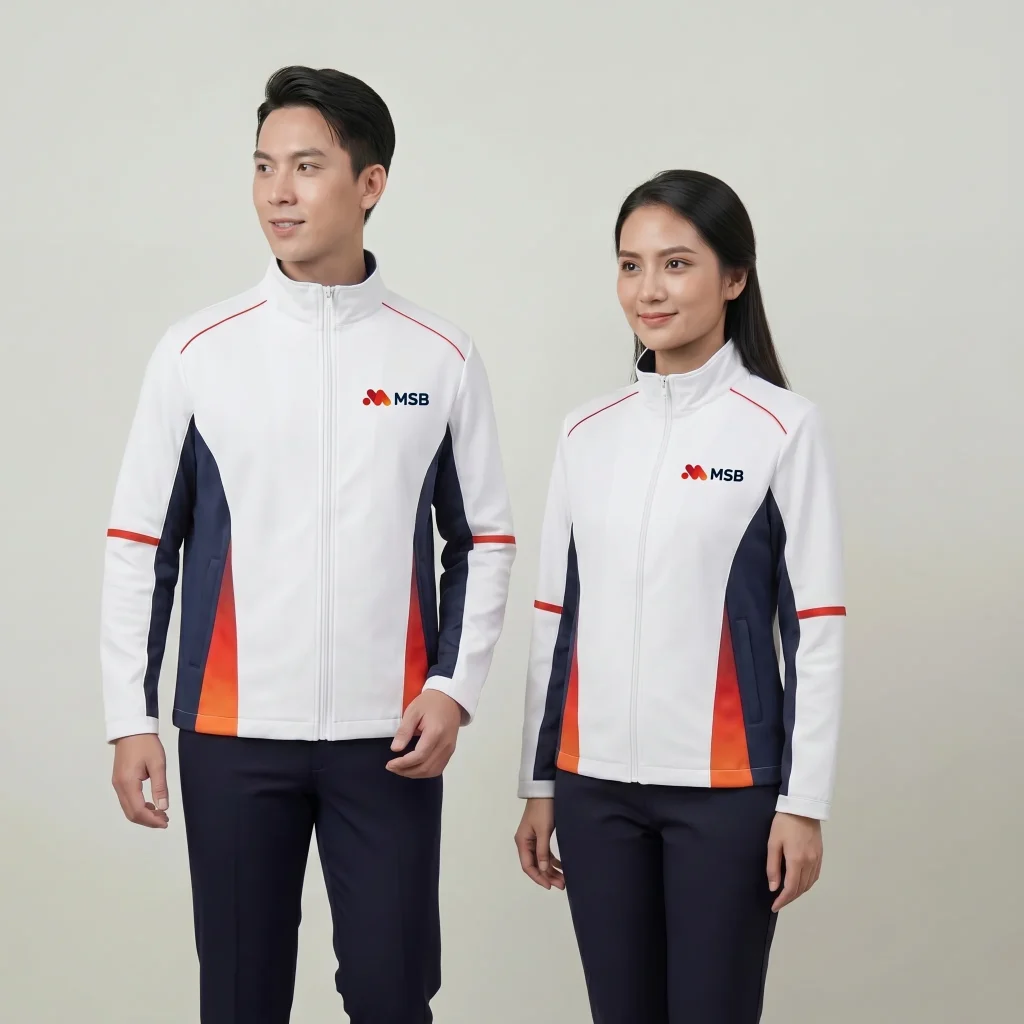 Áo khoác gió đồng phục trắng phối navy đỏ Thành Tín - ảnh người mẫu nam nữ mặc áo khoác