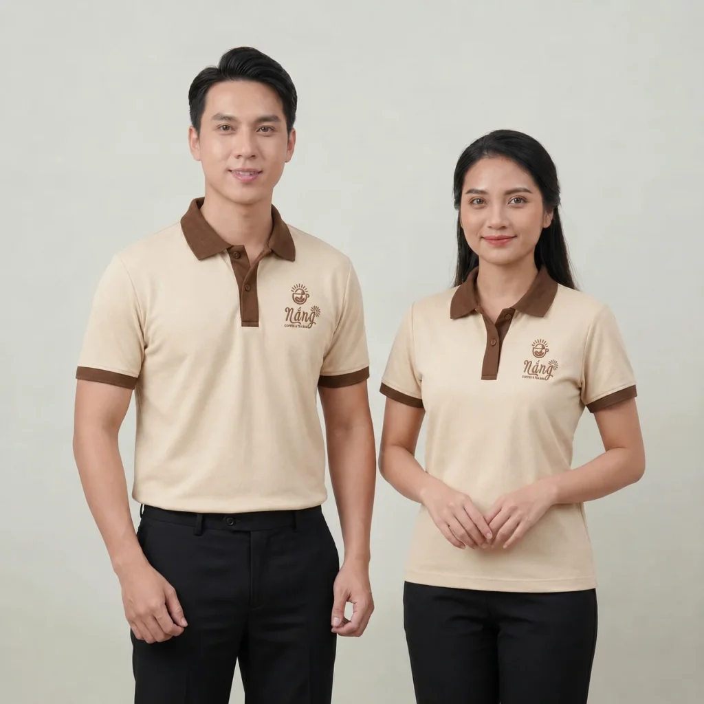Áo Polo Đồng Phục Kem Phối Nâu - model nam nu