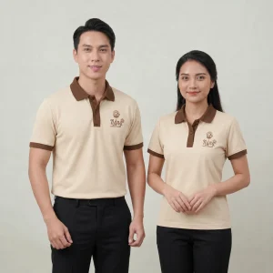 Áo polo đồng phục kem phối nâu
