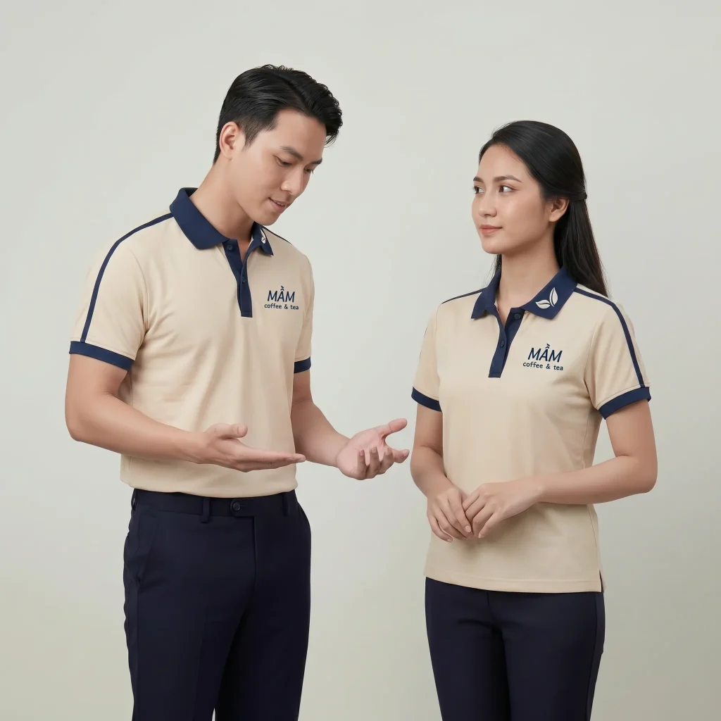 Áo Polo Đồng Phục Kem Phối Navy - model nam nu
