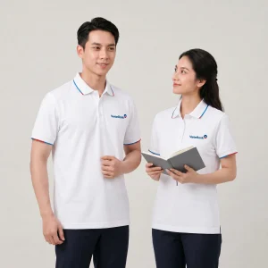 Áo polo đồng phục trắng viền xanh đỏ