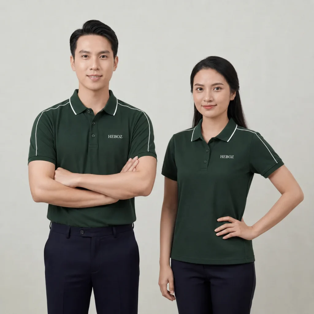 Áo Polo Đồng Phục Xanh Rêu Phối Trắng - model nam nu